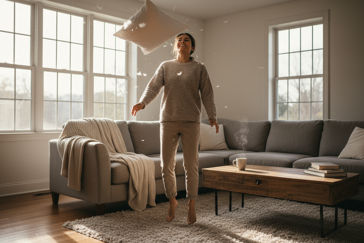 generate an image of someone playing with a pillow and smilling